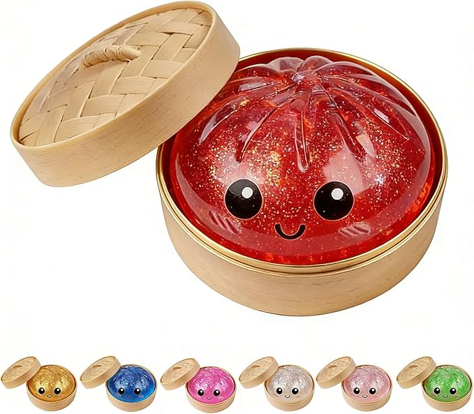 Dumpling Squishies, Glitter Dumpling Mystery Box, Colorful Dumplings Stress Balls Toy, Stocking Stuffers with Food Steamer Stretchy Desk Toys (Glitter Red)