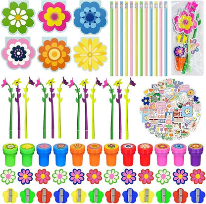 Cinrobiye 134 Pcs Flower Summer Party Favors Bulk,Daisy Party Suppiles,Tea Party Goodie Bag Stuffers,Summer Garden Birthday Party Gifts,School Supplies Class Reward Prizes Stationery Set