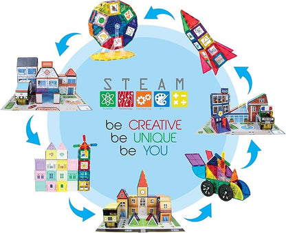 PicassoTiles Master Builder Magnetic Early Educational Toy Building Block Kit with 3 in 1 Playboard for Kid,Baby Ages 3 and Up, STEM Construction with School, Bus, Hospital, Police Station, 300 Piece