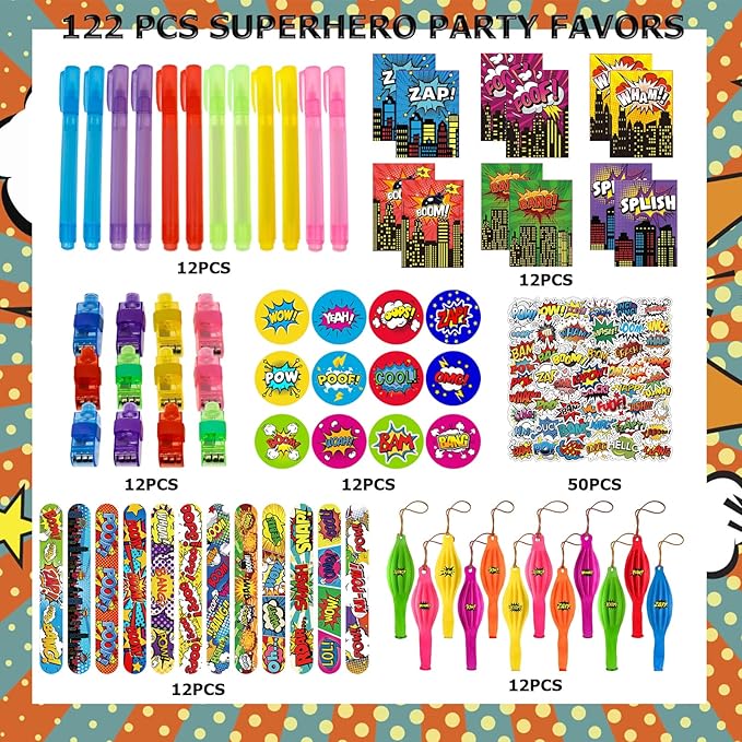 122 Pcs Superhero Party Favors with Slap Bracelets,Punch Balloons,Superhero Stickers,Button Pin Badges,Notepads,Pen,Finger Lights for Superhero Themed Goody Bag Stuffer Class Prize