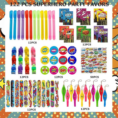 122 Pcs Superhero Party Favors with Slap Bracelets,Punch Balloons,Superhero Stickers,Button Pin Badges,Notepads,Pen,Finger Lights for Superhero Themed Goody Bag Stuffer Class Prize