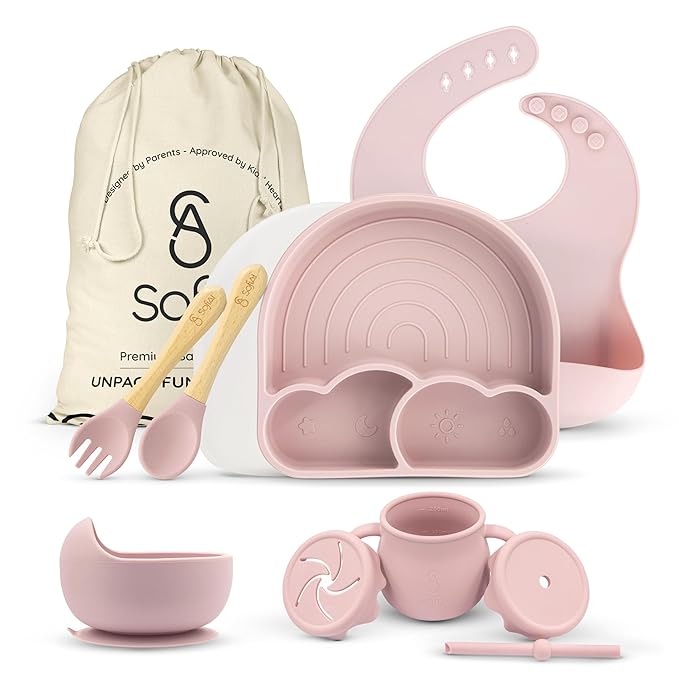 All In One Silicone Baby Feeding Set By SofiAl - Safe for 6-12 Months - Non-Toxic Baby Led Weaning Supplies - Toddler Self Feeding Utensils - BPA-Free - Mess Free Baby Feeding Essentials