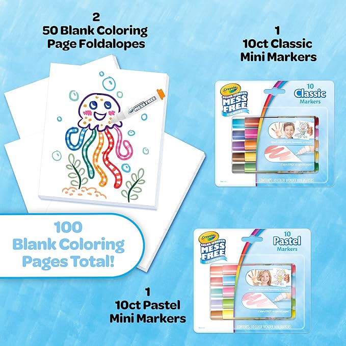 Crayola Color Wonder Mess Free Coloring Kit (120ct), 100 Coloring Pages, 20 Mini Markers, Travel Activity, Toddler Gift, 3+