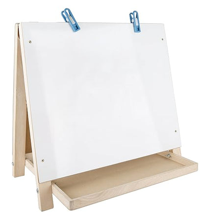 Constructive Playthings 3-Way Wooden Table Top Easel with Chalkboard, White Board and 2 Clips for Ages 3 Years and Up, 18" x 18.5" x 17.5"
