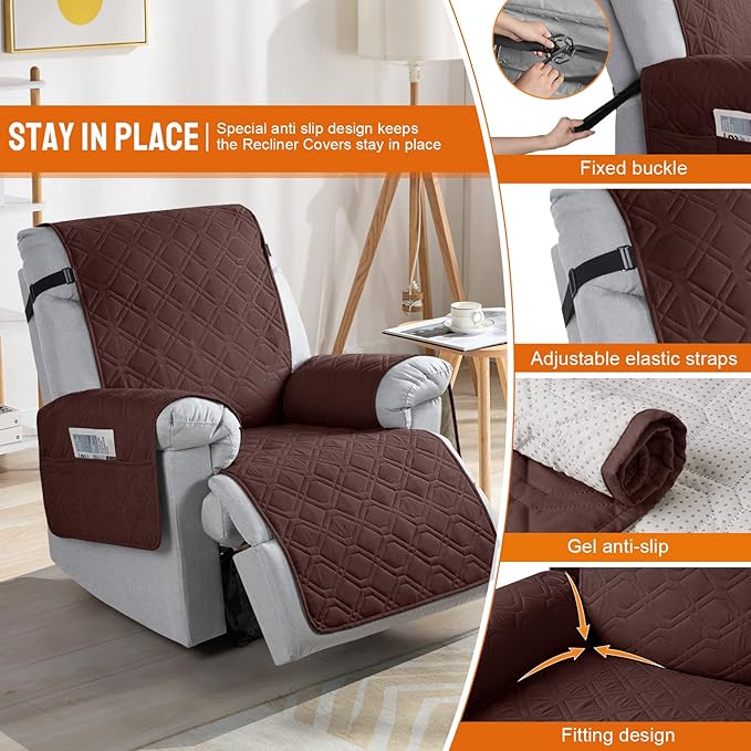 VANSOFY 100% Waterproof Recliner Chair Covers, Recliner Cover Non-Slip Dog Chair Cover Furniture Protector Washable Slipcover with Pocket, Elastic Straps for Pets, Dogs(Coffee, 30")
