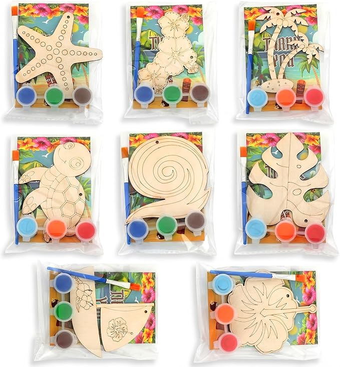 Saypacck 24 Pcs Summer Hawaiian Party Favors Wooden Craft Kits Hawaiian Tropical Ocean Theme Painting Wooden with Bag Color Your Own Palm Leaf Flower Luau Birthday Supplies