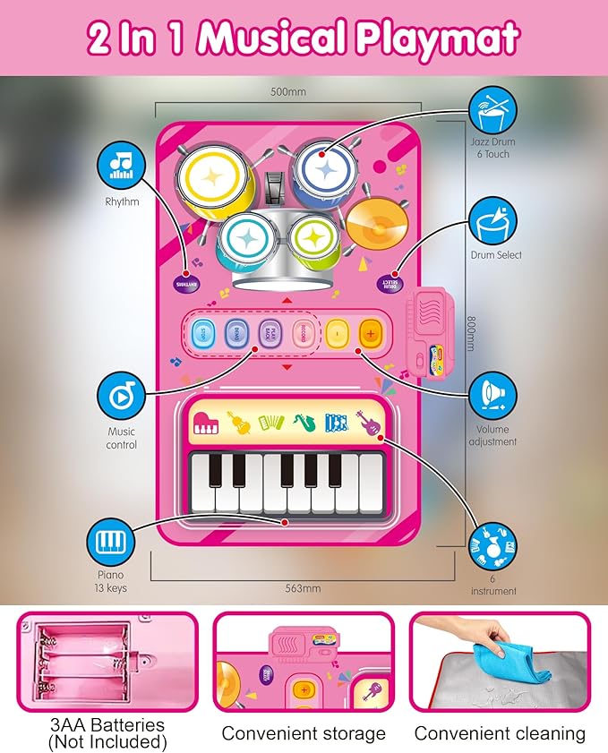 DQMOON Toys for 1 Year Old Girl Gifts, Baby Musical Mat with Piano & Drum, Adjustable Volume, 12-18 Months Toddler Toys, Christmas Birthday Easter Gifts for 1-2 Year Olds Boys Girls (Pink)
