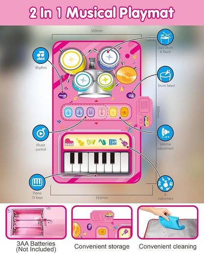 DQMOON Toys for 1 Year Old Girl Gifts, Baby Musical Mat with Piano & Drum, Adjustable Volume, 12-18 Months Toddler Toys, Christmas Birthday Easter Gifts for 1-2 Year Olds Boys Girls (Pink)