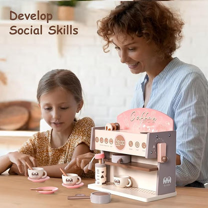 Coffee Maker Wooden Kitchen Toys for Kids, Toddler Coffee Playset, Pretend Coffee Maker for Girls & Boys