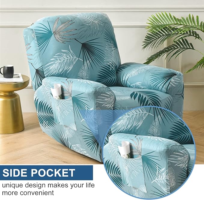 NILUOH Recliner Slipcover 4 Pieces Stretch Printed Lazy Boy Chair Covers with Side Pocket Recliner Sofa Couch Cover Anti-Slip Fitted Recliner Cover Furniture Protector with Elastic Bottom,19