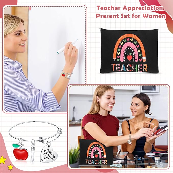 8 Pcs Teacher Appreciation Gift Set for Women, 4 Teacher Makeup Pouch Cosmetic Bags and 4 Bangle Bracelets, Christmas Valentines Thank You Gifts for Teacher (Rainbow Style)