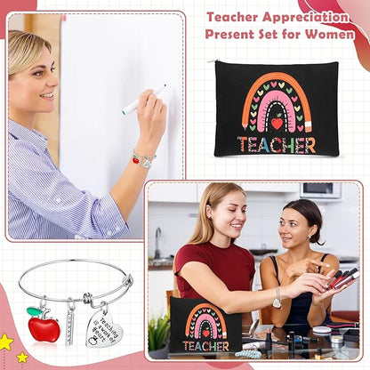 8 Pcs Teacher Appreciation Gift Set for Women, 4 Teacher Makeup Pouch Cosmetic Bags and 4 Bangle Bracelets, Christmas Valentines Thank You Gifts for Teacher (Rainbow Style)