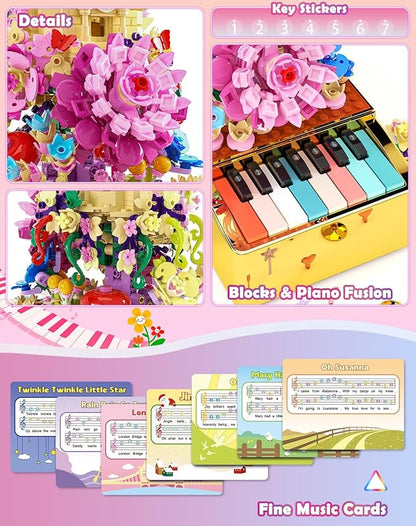 Flowers Castle Building Sets with Piano Keyboard for Kids and Adults, 771PCS Light Up Botanical Building Blocks Musical STEM Toys, Carnival Birthday Gifts for Girls and Boys Aged 6-12+