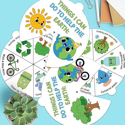 COcnny Earth Day Coloring Craft- 24 Sets Color Your Own Globe Art Craft DIY Wheel Cards for Kids, Save The Earth Eco Natural Spining Paper Craft Art for Sunday School Home Class Preschool Activities