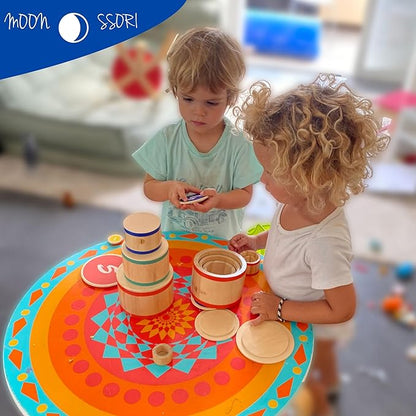 Montessori Wooden Stacking Boxes with Lids – Educational Toy for Toddlers – Fine Motor Skills & Sensory Development – Natural Wood Design – Cylindrical Stacking Set