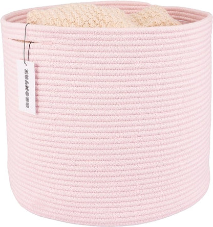 XUANGUO Cotton Rope Basket For Girls Kids 16”X14” Baby Laundry Baskets Nursery Bin Round Woven Basket Organizer For Storage Toys Blankets Shoes Clothes pink