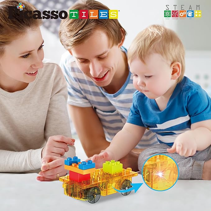 PicassoTiles Magnet Tile Motorized Car Base Self Turning Omnidirectional Truck with Light And Motor Playset Magnetic Tiles Construction Building Blocks Compatible STEM Learning Preschool Ages 3+ PTU05
