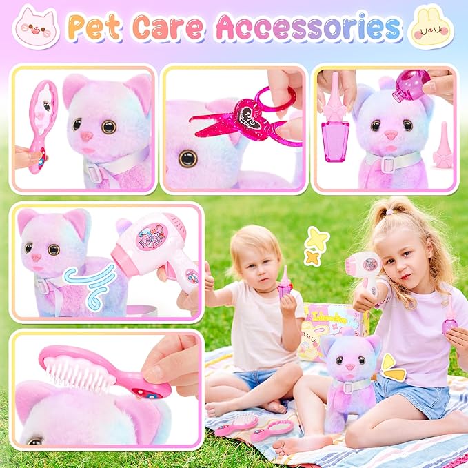 NINAOR Plush Interactive Cat Toys for Kids with Tote Bags, Stuffed Robot Pet Kitten with Leash Walking Meow Pretend Play, Realistic Cute Stuff Fidget Toys for Toddler Stocking Stuffers Birthday Gifts
