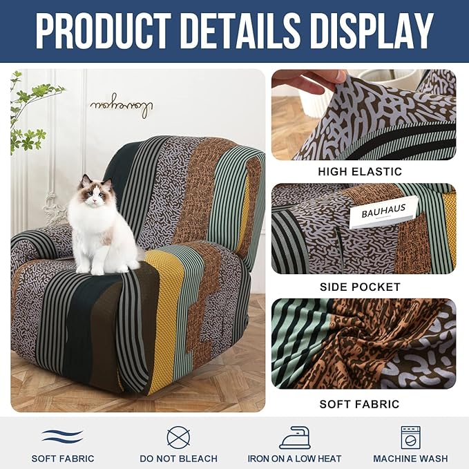 NILUOH Recliner Chair Covers 4-Pieces Stretch Lazy Boy Recliner Covers with Pocket Floral Pattern Reclining Slipcovers Soft Sofa Slipcover Furniture Protector for Pets Kids (Recliner, Pattern 21)