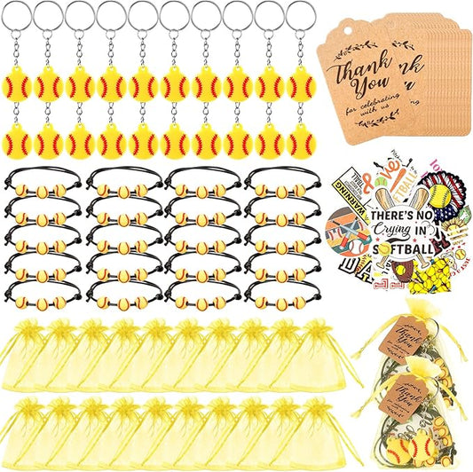 130 Pcs Softball Party Favors Including Softball Keychains Adjustable Softball Bracelets PVC Softball Stickers Thank You Kraft Tags Organza Bags for Birthday Party Wedding School Reward