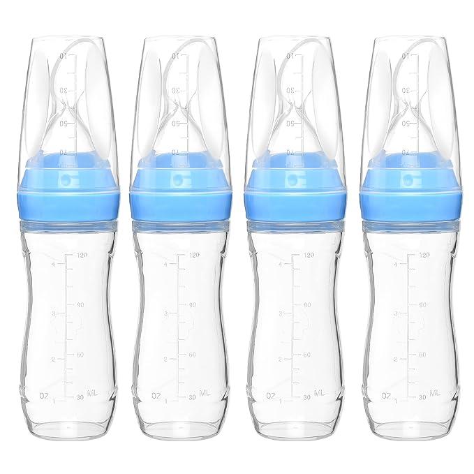 4 oz Silicone Baby Food Dispensing Spoon - 4 Pack - Great for 4+ Month Infants - Includes Stopper - Easy to Use and Mess-Free - Precise Food-Release Feeder - Great for Travel (Blue)