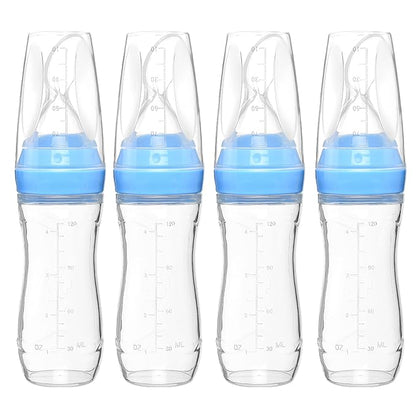 4 oz Silicone Baby Food Dispensing Spoon - 4 Pack - Great for 4+ Month Infants - Includes Stopper - Easy to Use and Mess-Free - Precise Food-Release Feeder - Great for Travel (Blue)