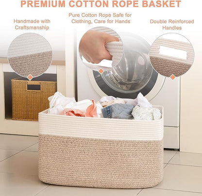 75L Large Cotton Rope Basket, Soft Toy Storage Bin for Nursery & Living Room, Decorative Blanket Basket for Bedroom, Baby-Safe Organizer for Pillows &Laundry, 22''×17''×12'', Brown and White