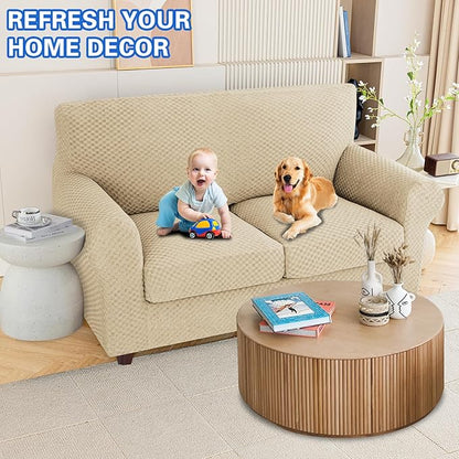 MAXIJIN 3 Piece Jacquard Couch Covers for 2 Cushion Couch Stretch Non Slip Love Seat Couch Cover for Dogs Pet Friendly Elastic Furniture Protector Loveseat Slipcovers (Loveseat, Light Beige)