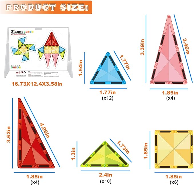 PicassoTiles Magnet Tile Building Blocks Mini Diamond Series Magnetized Toy Travel Size Compact Portable Magnetic Construction Block STEM Sensory Toy Early Education Learning Kids Ages 3+ PTM36