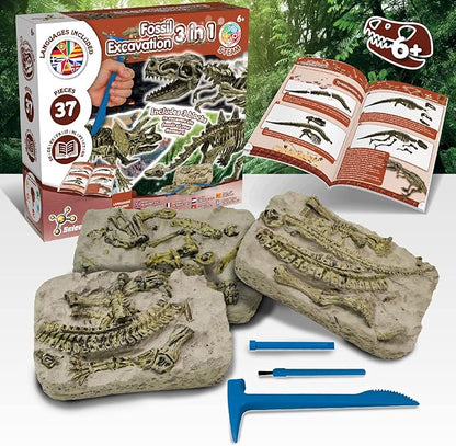 Science4you Dinosaur Fossil Excavation 3 in 1 - Fossil Digging Kit for Kids: T-Rex & Triceratops & Stegosaurus, 3 Dinosaurs Toys for Kids, 37 Pieces, Toys, Games, Gifts for 6+ Year Old Boys and Girls