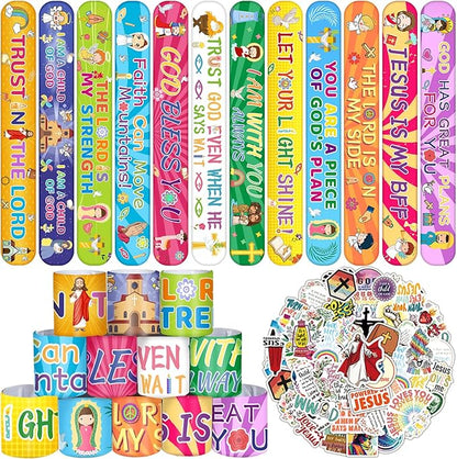 86PCS Religious Slap Bracelets with 50PCS Jesus Christian Stickers Jesus Love You Snap Bracelets Wristbands Bible Verse Faith Stickers Sunday School Supplies Christian Gifts