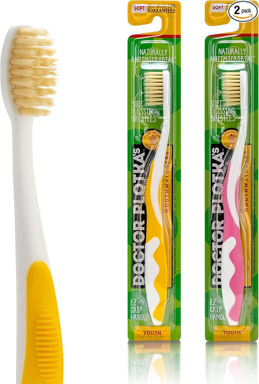 MOUTHWATCHERS Soft Kids Toothbrushes, 2 Pack, Manual Flossing Toothbrush, Ultra Clean, Pink and Yellow Childrens Toothbrushes, by Dr. Plotka's