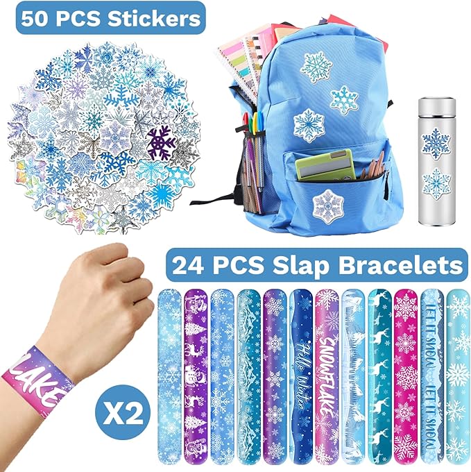 74 PCS Snowflake Party Favors, 24 PCS Snowflake Slap Bracelets 50 PCS Snowflake Stickers Snowflake Birthday Party Decorations Supplies Gifts for Kids Classroom Rewards