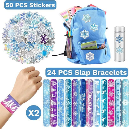 74 PCS Snowflake Party Favors, 24 PCS Snowflake Slap Bracelets 50 PCS Snowflake Stickers Snowflake Birthday Party Decorations Supplies Gifts for Kids Classroom Rewards