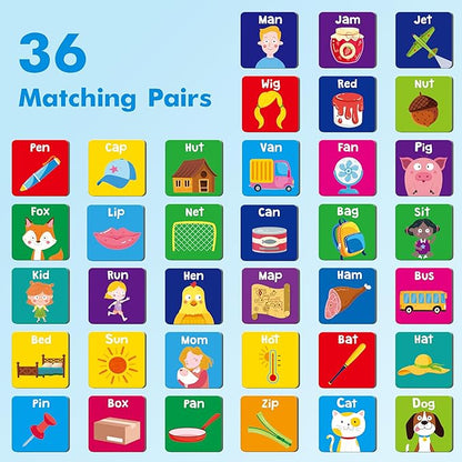 Hebayy CVC Word Matching Game, 72 PCS CVC Words Memory Matching Cards for Toddlers 36 Pairs Memory Cards Educational Toys for Preschool Boys & Girls 4 5 6 Years Old