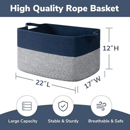 Goodpick Large Blanket Basket 22" x 17" x 12" Woven Storage Baskets for Organizing, Decorative Cotton Rope Basket for Living Room Home Decor, Toy Baskets for Kids, Mixed Blue