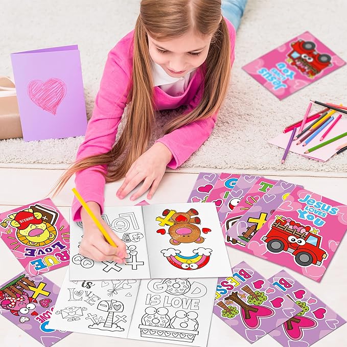 Valentine’s Day Coloring Books for Kids - 24Pcs Bulk Christian Theme Mini Coloring Booklet DIY Art Drawing Book for Toddlers Valentine Birthday Party Goodie Bags Stuffers Sunday School Classroom Favor