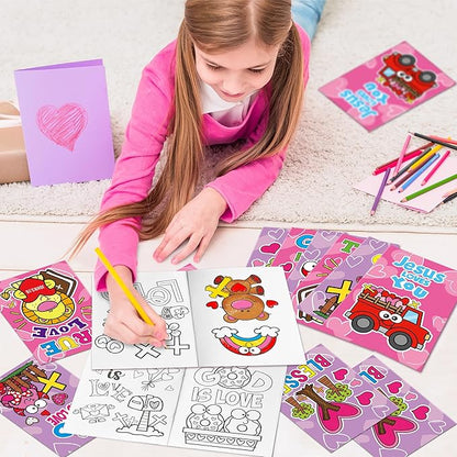 Valentine’s Day Coloring Books for Kids - 24Pcs Bulk Christian Theme Mini Coloring Booklet DIY Art Drawing Book for Toddlers Valentine Birthday Party Goodie Bags Stuffers Sunday School Classroom Favor