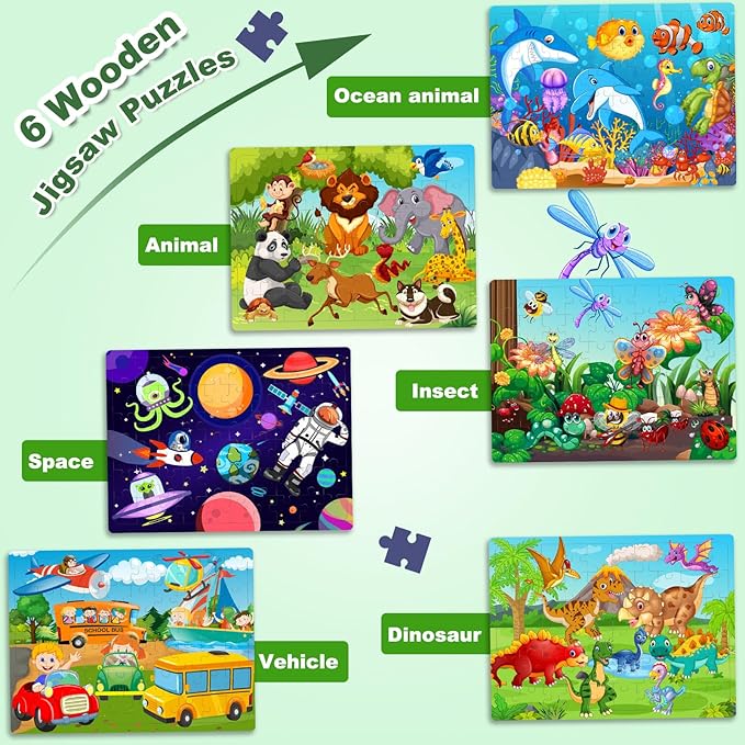 Roberly Wooden Puzzles for Kids Ages 4-8, 60 Pieces Jigsaw for Kids 3 4 5 6 7 8 Preschool Learning Educational Puzzle Toys Set for Boys Girls - Dinosaur, Ocean, Animal, Insect, Space, Vehicles