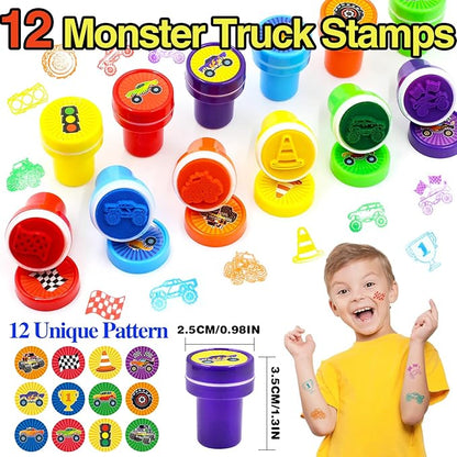 110 PCS Monster Truck Party Favors Birthday Supplies with Drinking Straws, Silicone Bracelets, Bubble Wands, Keychains, and Monster Truck Pinata for Boys Goodie Bag Stuffers