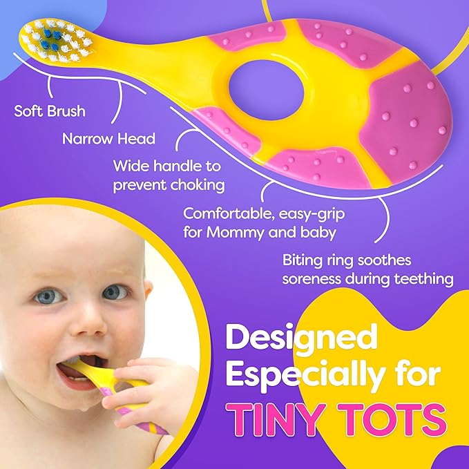 Trueocity Baby Toothbrush 4 Pack & Bonus Silicone Finger Brush, Soft Bristles, Toddler Toothbrushes, Infant & Training w/Teething Handle, 0-2 Years, Pink Set