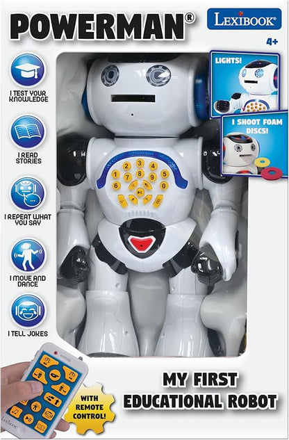 Lexibook Powerman - Remote Control Walking Talking Toy Robot, Dances, Sings, Reads Stories, Math Quiz, Shooting Discs, and Voice Mimicking, for kids 4+ - ROB50EN