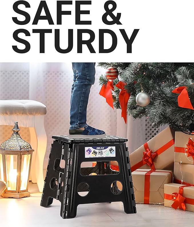 Delxo Folding Step Stool, 13 inch Non-Slip Foldable Stools for Kids & Adults Up to 300 LBS, Step Stool with Handle, Lightweight for Kitchen, Bathroom, Bedroom, Garden, Black, 1PC