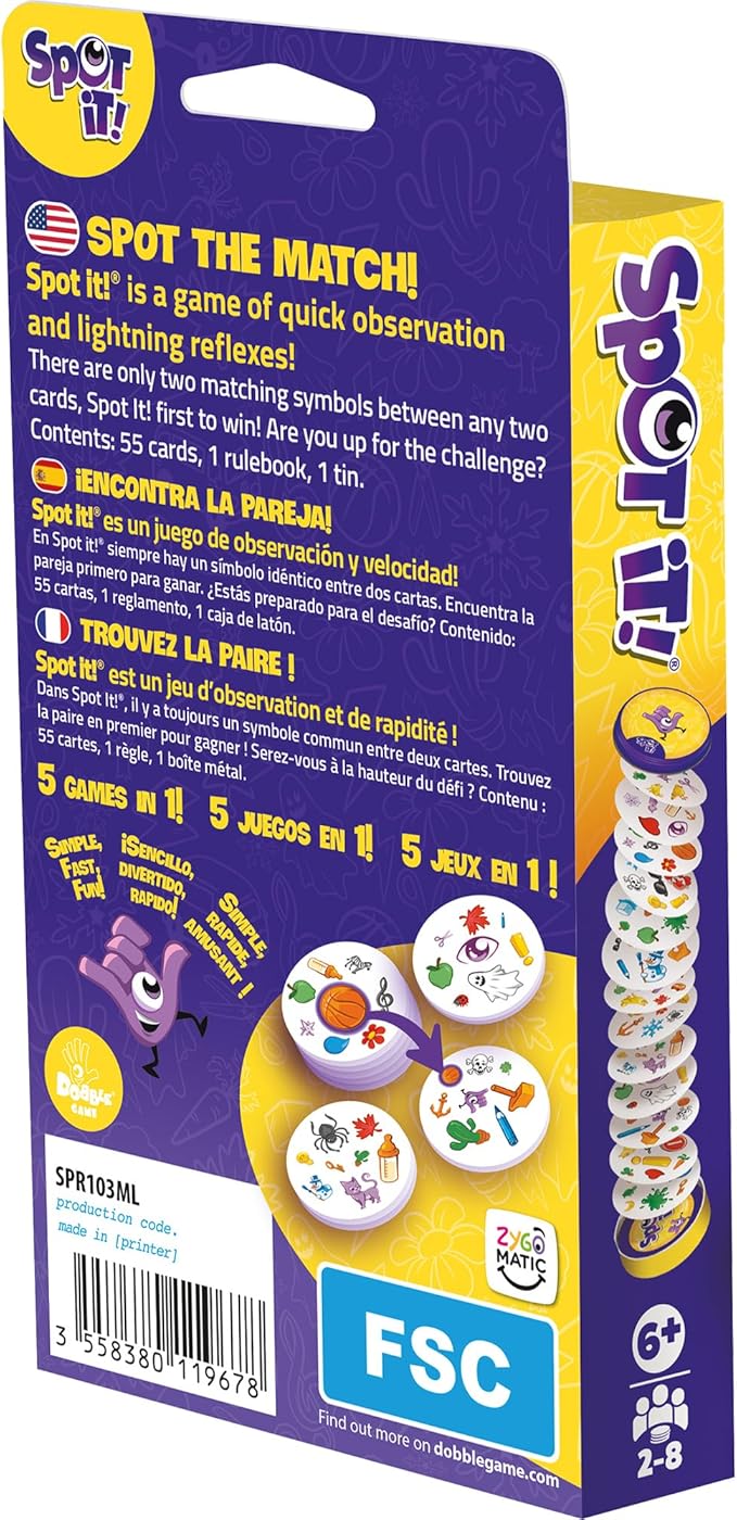 Asmodee Spot It! Classic Card Game (2024 Refresh) - Eco-Blister Edition, 5-in-1 Visual Perception Game for Quick Reflexes and Family Fun, Ages 6+, 2-8 Players, 10 Minute Playtime, Pack of 36