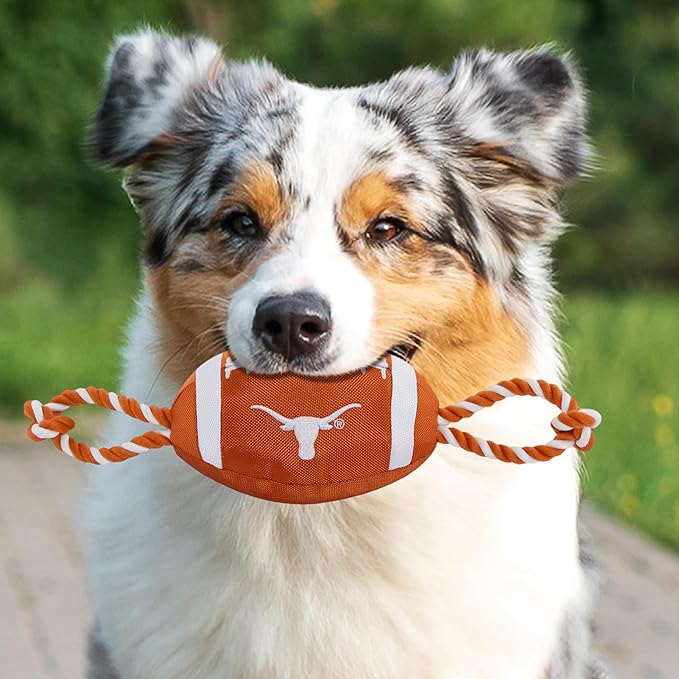 Pets First NCAA Texas Longhorns Football Dog Toy, Tough Quality Nylon Materials, Strong Pull Ropes, Inner Squeaker, Collegiate Team Color, 1 Count (Pack of 1)