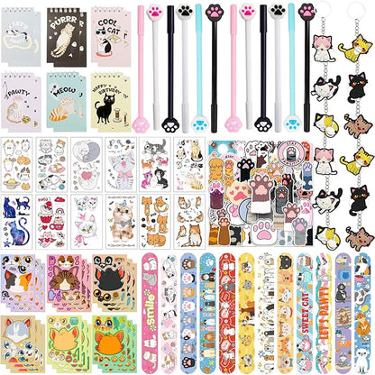 128 Pcs Cat Party Favors Set Includes Mini Spiral Notepads Cat Paw Pens Stickers Keychains Tattoo Stickers Slap Bracelets Cat Face Stickers for Girl Party Favors Cat Theme Party Birthday Supplies