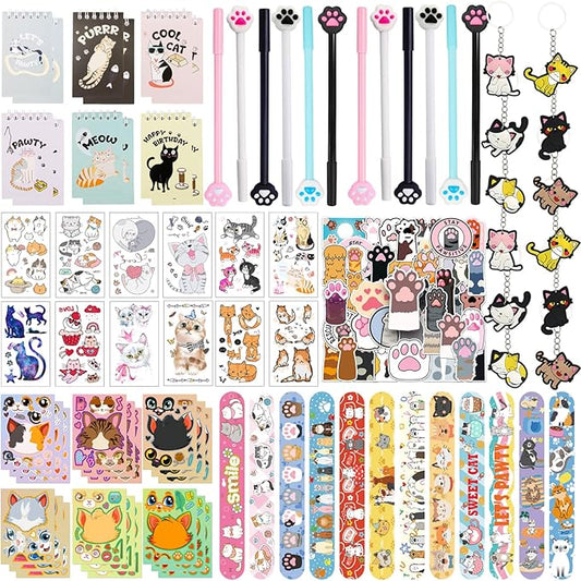 128 Pcs Cat Party Favors Set Includes Mini Spiral Notepads Cat Paw Pens Stickers Keychains Tattoo Stickers Slap Bracelets Cat Face Stickers for Girl Party Favors Cat Theme Party Birthday Supplies