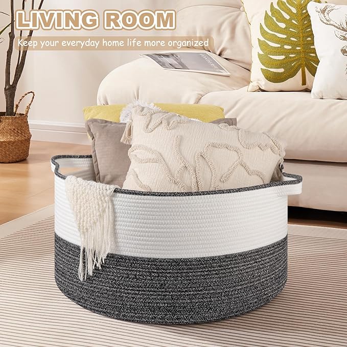 OIASKET Large Blanket Basket with Handles, 22.8" x 22.8" x 13" Woven Storage Basket for Living Room, Cotton Rope Baby Toy Storage for Clothes, Pillows, Towels-Black & White