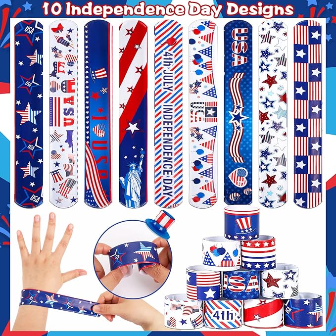 JUNEBRUSHS 4th of July Party Favors, 50 Pcs Patriotic Decorations Slap Bracelets Rubber Wristbands Assorted for Kids Gifts Silicone Bracelets Bulk Memorial Veterans Day Party Accessories
