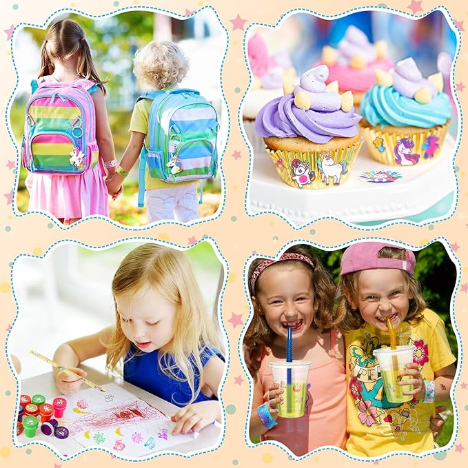 Colarr 161 Pcs Unicorn Party Favor Unicorn School Stationery Set Includes Gift Cup Notebook Pencil Sharpener Eraser Keychain Stamp Slap Bracelet Sticker Card for Unicorn Supplies